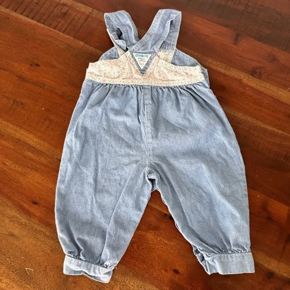 OshKosh B'gosh Overalls Girls 18M Blue Floral Vestbak‎ Vintage Denim Bow Pink